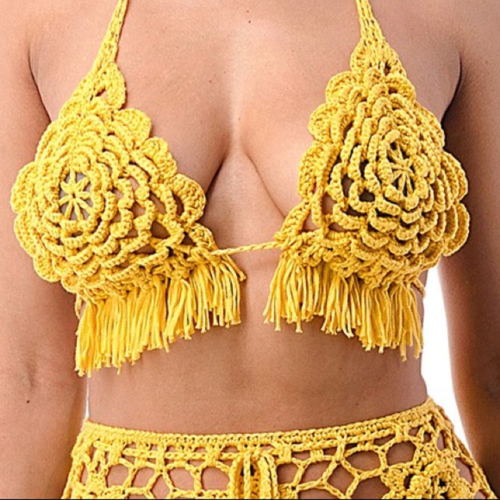 See You In Mexico Marogold Yellow Crochet Fringe Sunsuit Swim CoverUp - Picture 6 of 7